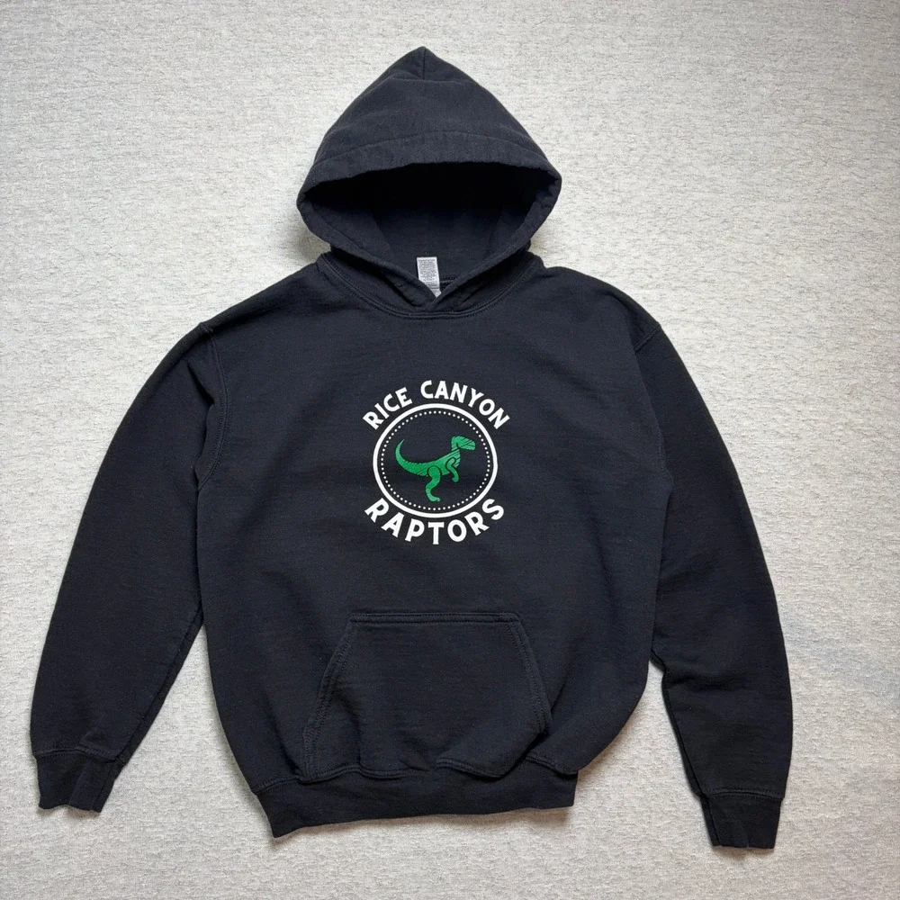 Gildan Youth Hoodie Large Black Rice Canyon Raptors Dinosaur Graphic Pullover‎